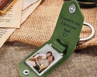 Leather Keychain with Photo and Text, Personalized Keychain for Him, Anniversary Gift, Gift for New Dad, Father's Day Gift, Men's Gift