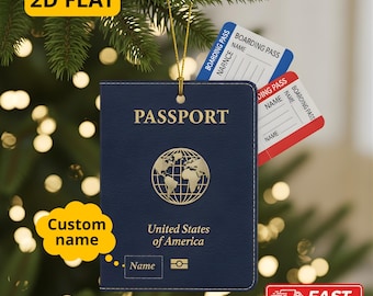 May include: A navy blue passport ornament with gold lettering and a world map design. The ornament includes two boarding passes and the text "United States of America". The text "Custom name" is also visible.