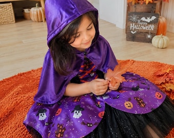 Toddler Girl Purple Velvet Witch Costume, Sparkly Tutu Halloween Dress, Hooded Cape