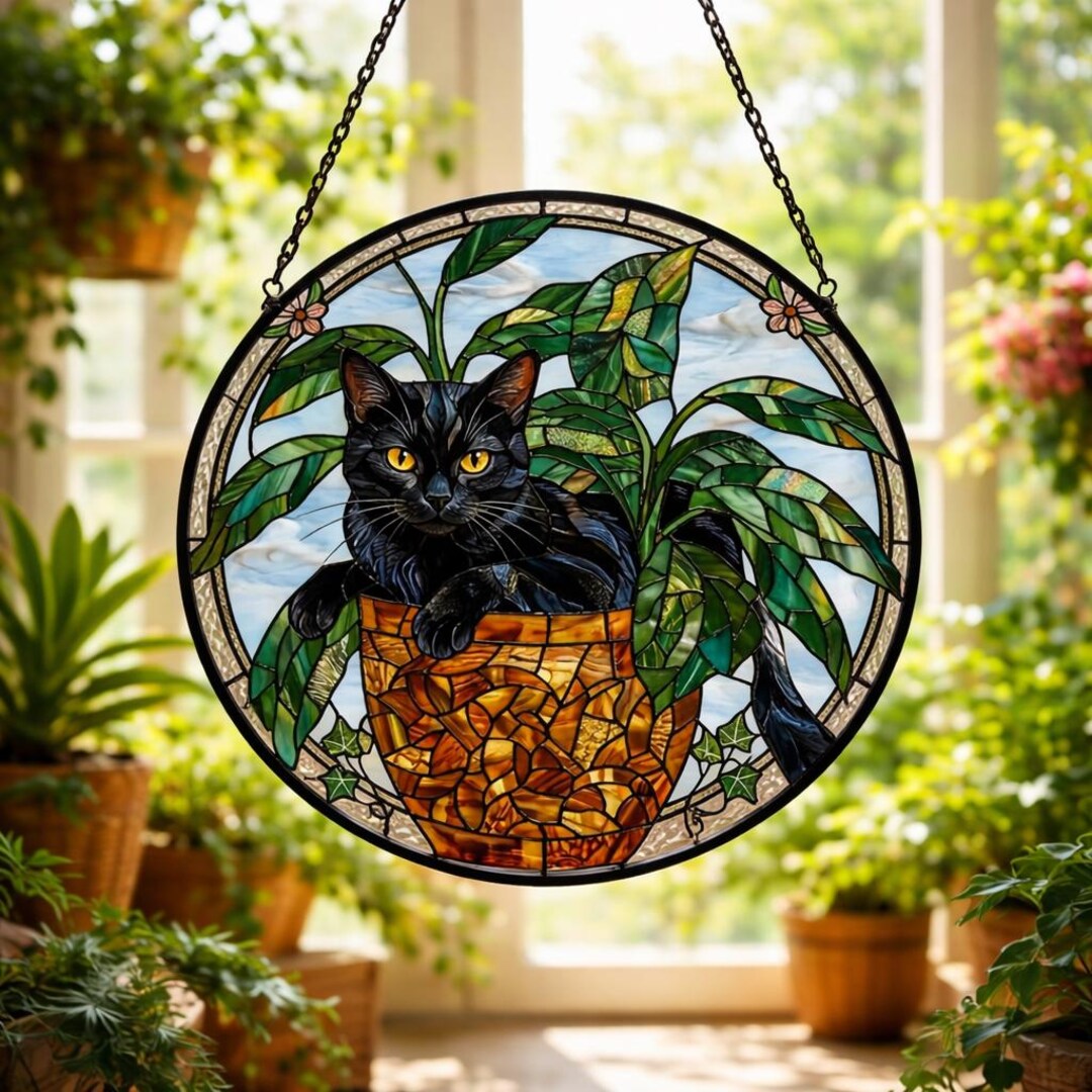 Black Cat Stained Glass Suncatcher, Sun and Flowers Window Hanging ...