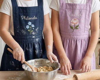 Personalized Apron with Birth Flower Custom Name Embroidered Linen Apron for Kids and Adults, Matching Mother Daughter Gift