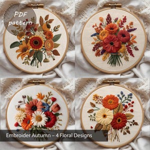 Peut inclure: Quatre cerceaux de broderie avec des motifs floraux d'automne. Chaque cerceau présente un bouquet différent de fleurs brodées dans des tons orange, rouge, jaune et vert. Le texte "PDF pattern" et "Embroider Autumn - 4 Floral Designs" sont visibles.