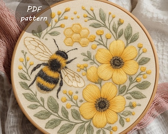 Bees with Flowers Embroidery Pattern | Botanical Bee Design | Nature-Inspired Hoop Art PDF