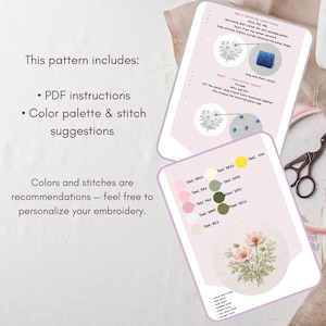 Puede incluir: Una gu&iacute;a de patrones de bordado con instrucciones y sugerencias de paleta de colores. La gu&iacute;a incluye una paleta de colores con colores de hilo DMC y un ejemplo de dise&ntilde;o floral. El texto de la gu&iacute;a fomenta la personalizaci&oacute;n del bordado.