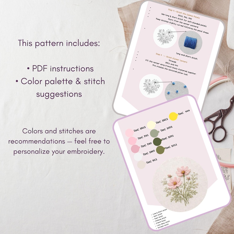 Puede incluir: Una gu&iacute;a de patrones de bordado con instrucciones y sugerencias de paleta de colores. La gu&iacute;a incluye una paleta de colores con colores de hilo DMC y un ejemplo de dise&ntilde;o floral. El texto de la gu&iacute;a fomenta la personalizaci&oacute;n del bordado.