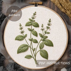 Stickmuster mit Kräutern, Botanisches Stickmuster, Handgezeichnetes Design, Hoops für Anfänger (PDF)