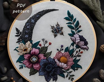 三日月手刺繍パターン、神秘的な三日月パターン、月と星のパターン、手