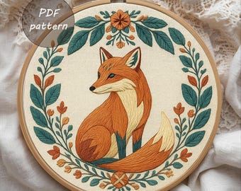Patrón de bordado de zorro otoñal en PDF / Arte de aro de bosque con hojas / Bordado a mano digital