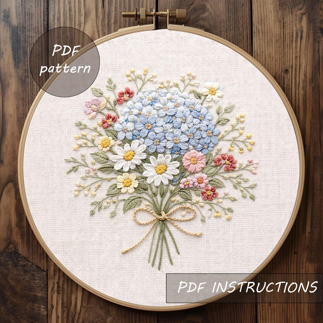 Floral Embroidery Pattern, Hydrangea Bouquet Hoop Art, Botanical ...