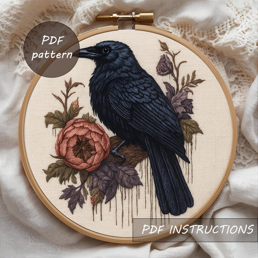 Gothic Raven Embroidery Pattern: Gothic Floral Hoop Art (PDF Digital ...