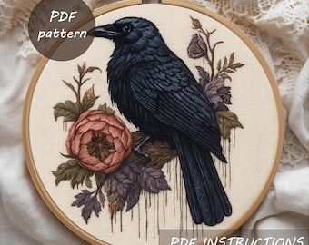 Gothic Raven Embroidery Pattern: Gothic Floral Hoop Art (PDF Digital Download)