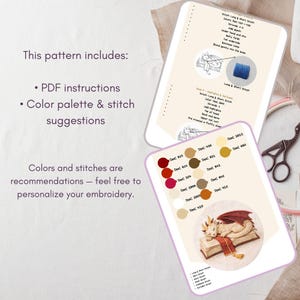 Puede incluir: Un patr&oacute;n de bordado con instrucciones en PDF, paleta de colores y sugerencias de puntadas. El patr&oacute;n incluye una tabla de colores con colores de hilo DMC y una gu&iacute;a paso a paso con ilustraciones. El texto dice: "Los colores y las puntadas son recomendaciones".