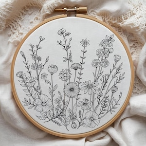 K&ouml;nnte beinhalten: Ein Stickrahmen mit einem schwarz-wei&szlig;en Blumendesign. Das Kunstwerk zeigt eine Vielzahl von Wildblumen, darunter G&auml;nsebl&uuml;mchen und Rosen, auf einem wei&szlig;en Stoff. Das Design wird von einem Holzrahmen umschlossen.
