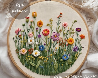 Wildblumen Wiese Stickmuster PDF | Weiche Blumen Hoop Art | Romantische Natur Handstickerei Download
