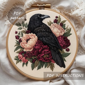 Raven Embroidery Pattern: Gothic Floral Hoop Art (PDF Digital Download)