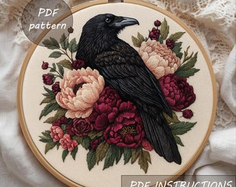 Raven Embroidery Pattern: Gothic Floral Hoop Art (PDF Digital Download)
