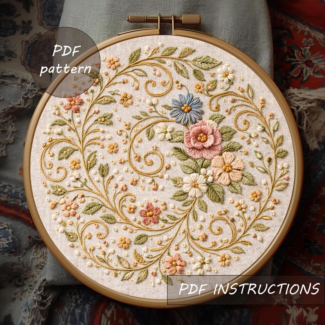 Floral Embroidery Pattern, Delicate Flower Swirl Design, Vintage ...