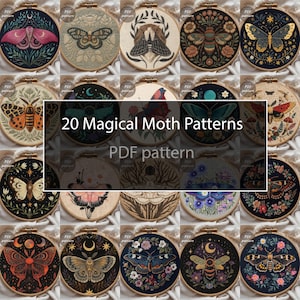 Può includere: Una collezione di 20 modelli di ricamo di falene in cerchi di legno. Ogni cerchio presenta un design di falena unico con dettagli intricati e varie palette di colori. Il testo "20 Magical Moth Patterns" e "PDF pattern" è visibile.