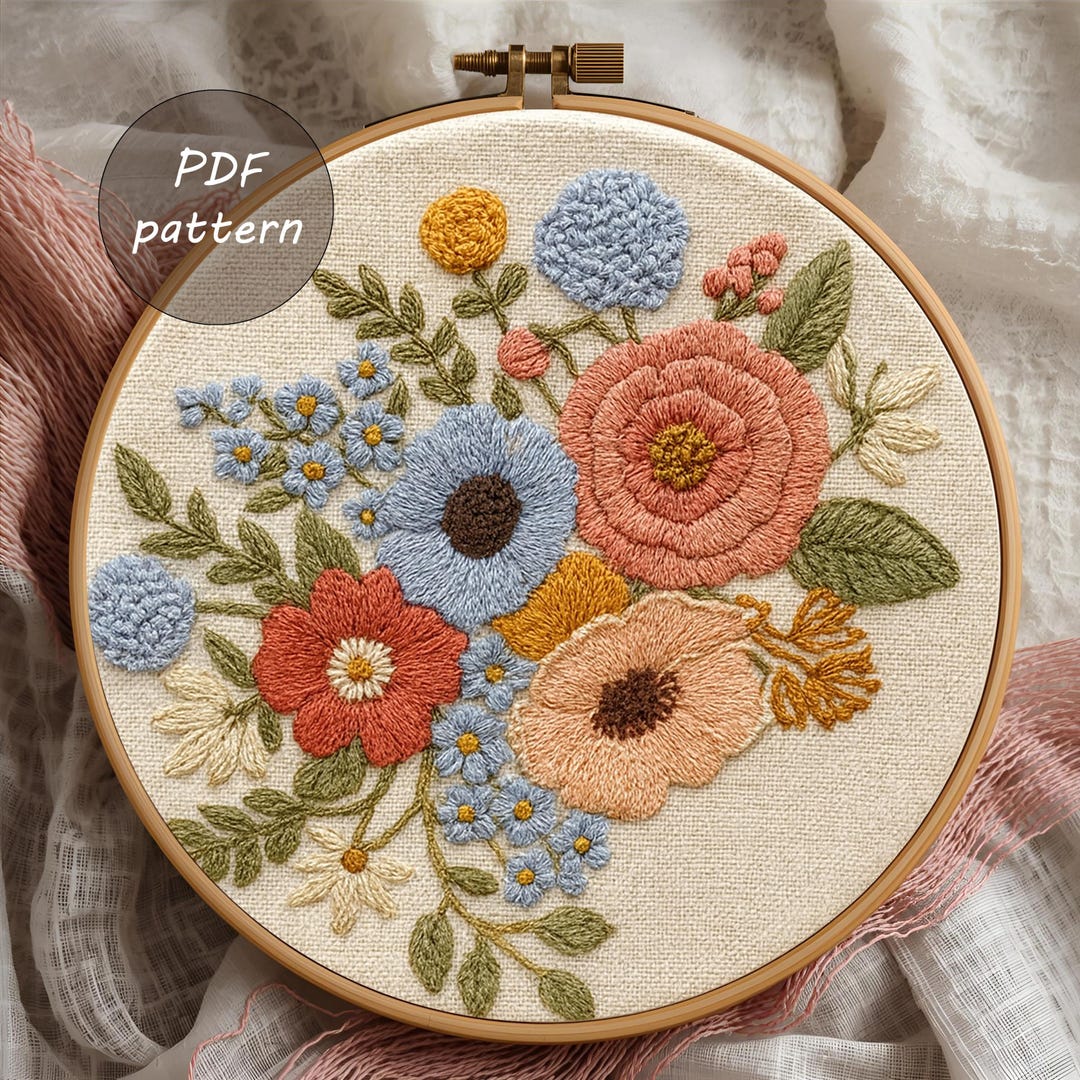 Boho Pastel Floral Embroidery Pattern | Delicate Flower Hoop Art | Soft ...