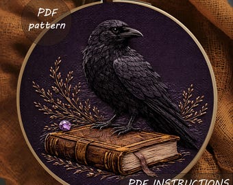 Wzór haftu Raven, Crow Book Gothic Dark Academia (wzór PDF)