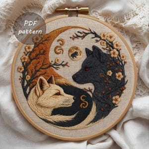 Yin Yang Wolves Embroidery Pattern: Mystical Hoop Art (PDF Download)
