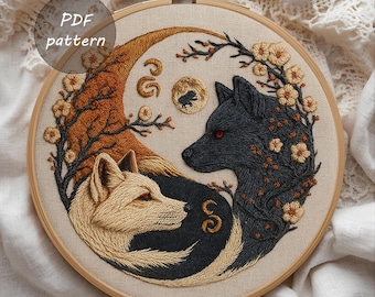 Yin Yang Wolves Embroidery Pattern: Mystical Hoop Art (PDF Download)