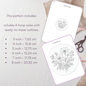 Puede incluir: Patr&oacute;n de bordado con dise&ntilde;os florales. El patr&oacute;n incluye 6 tama&ntilde;os de bastidor: 3 pulgadas (7,6 cm), 4 pulgadas (10,16 cm), 5 pulgadas (12,70 cm), 6 pulgadas (15,24 cm), 7 pulgadas (17,78 cm) y 8 pulgadas (20,32 cm). El texto "This pattern includes" es visible.