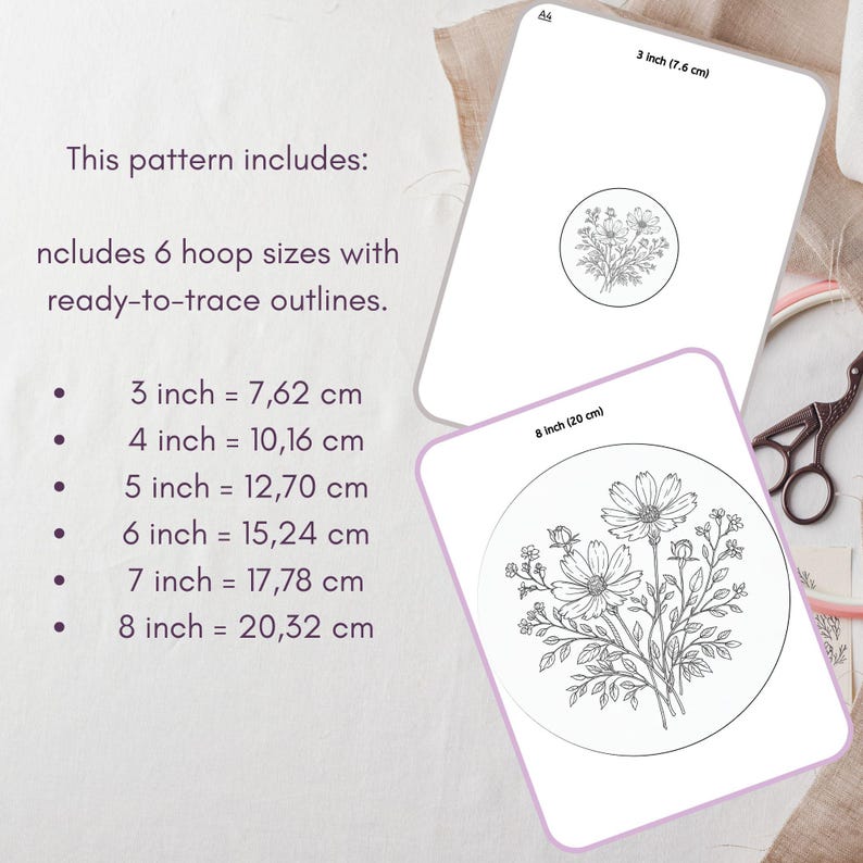 Puede incluir: Patr&oacute;n de bordado con dise&ntilde;os florales. El patr&oacute;n incluye 6 tama&ntilde;os de bastidor: 3 pulgadas (7,6 cm), 4 pulgadas (10,16 cm), 5 pulgadas (12,70 cm), 6 pulgadas (15,24 cm), 7 pulgadas (17,78 cm) y 8 pulgadas (20,32 cm). El texto "This pattern includes" es visible.