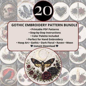 Può includere: Una collezione di 20 modelli di ricamo gotico presentati in cerchi di legno. I disegni includono un teschio, un corvo, un cuore con spine, rose e una falena con un teschio. Testo: "Gothic Embroidery Pattern Bundle".