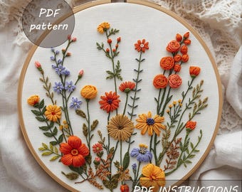 Patrón de bordado de prado de flores silvestres en PDF / Arte de aro floral suave / Bordado a mano de naturaleza romántica