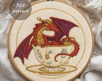 Dragon in Teacup Embroidery Pattern | Fantasy Hoop Art (PDF)