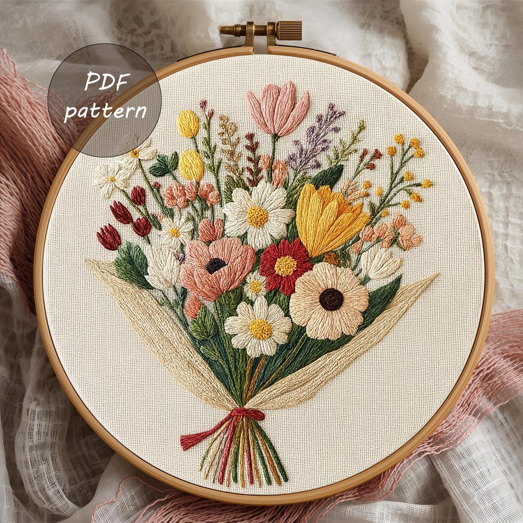 Flower Bouquet Embroidery Pattern | Elegant Floral Arrangement ...