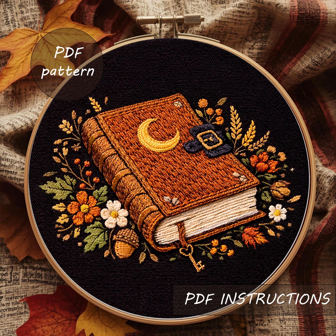 Spell Design Pattern Vintage Spell Book Embroidery Pattern, Witchy Moon Floral Hoop Art (PDF ...