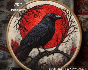 Raven Embroidery Pattern: Gothic Floral Hoop Art (PDF Digital Download)