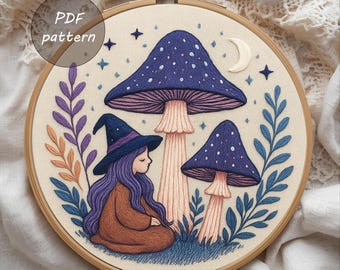 Witch & Mushroom Embroidery Pattern: Whimsical Forest Hoop Art (PDF Pattern)