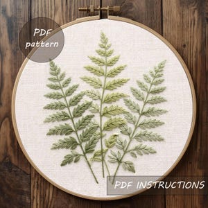 Botaniskt ormbunkebroderimönster, minimalistisk grönska Hoop Art (PDF-mönster)