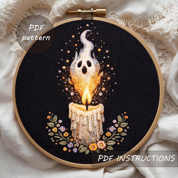 Ghost Candle Embroidery Pattern (PDF Download), Spooky Halloween Floral Hoop Art