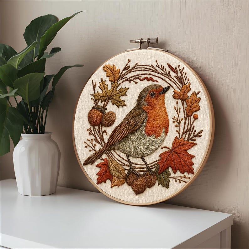 May include: Embroidered artwork featuring a robin with a red breast, surrounded by autumn leaves and acorns. The bird is perched on a branch within a circular wooden embroidery hoop. The artwork is displayed on a white surface, with a white vase and plant in the background.