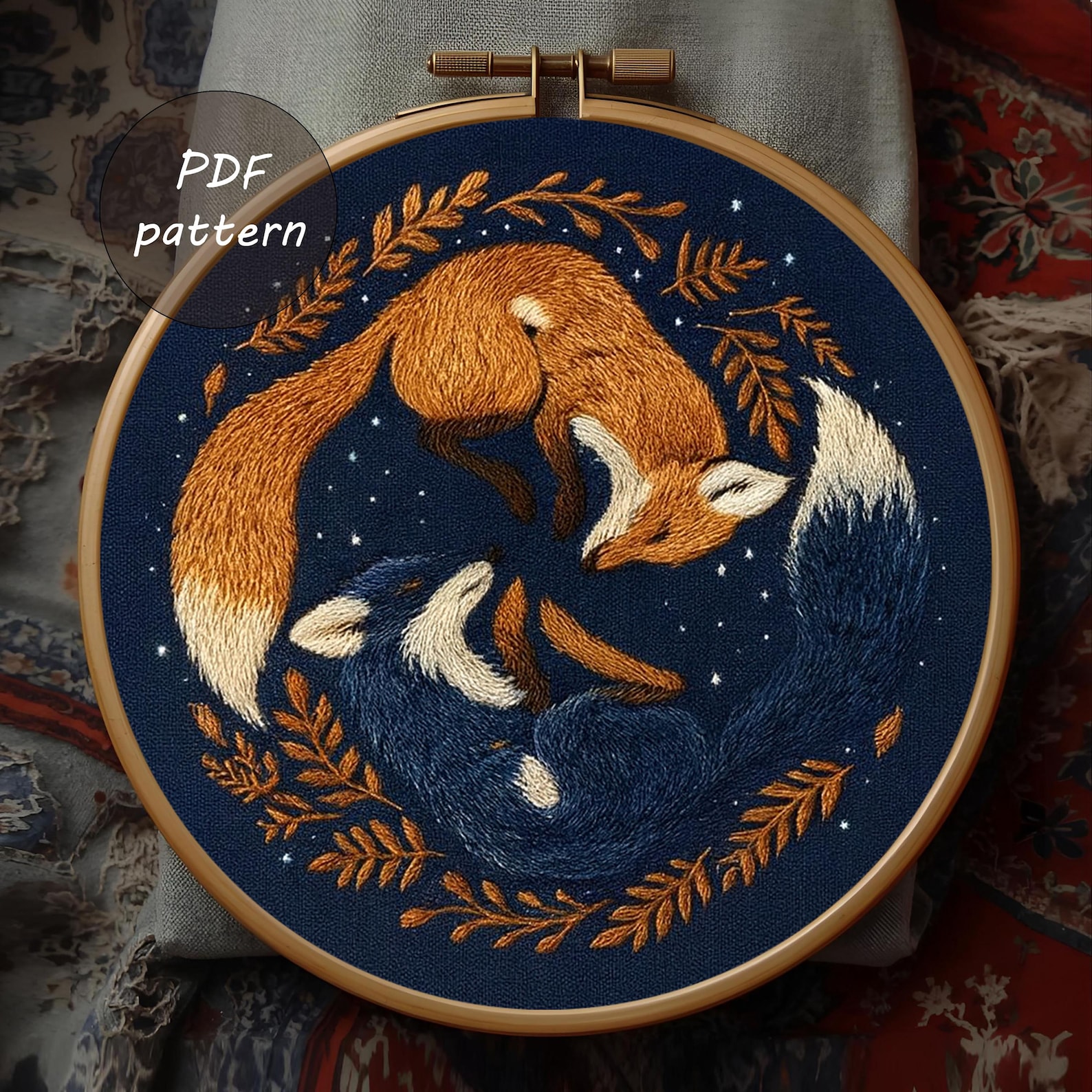 Autumn Sleeping Fox Embroidery Pattern | Cozy Fall Leaves (PDF Pattern ...