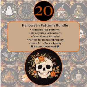May include: A collection of 20 Halloween embroidery patterns. The patterns include a ghost, spiderweb, skull, and other spooky designs. The text on the image says "Halloween Patterns Bundle" and "Instant Download".