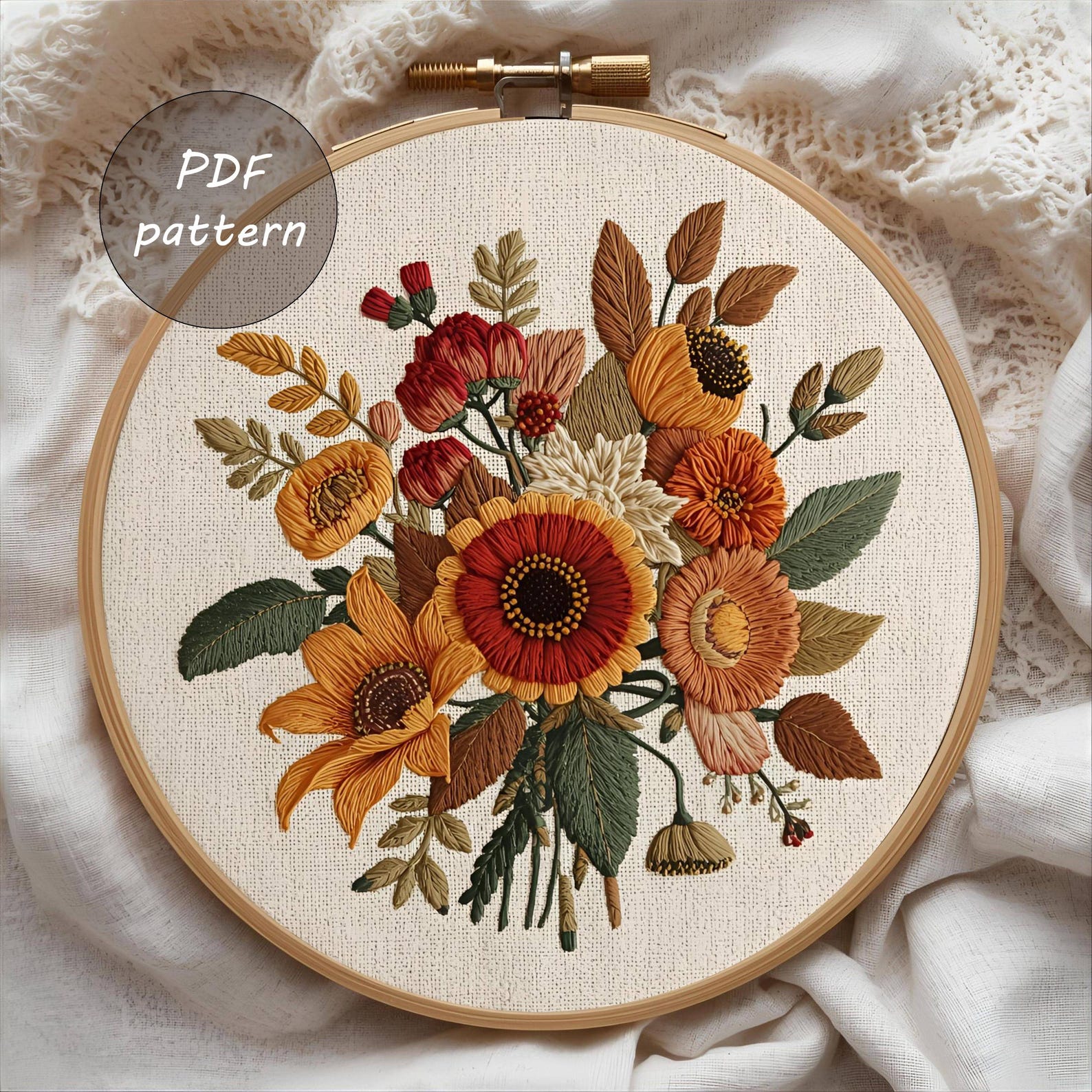 Autumn Floral Embroidery Pattern: DIY Fall Bouquet Hoop (PDF Download ...