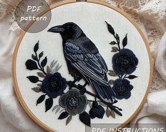Raven & Floral Branch Embroidery Pattern: Gothic Hoop Art (PDF Download)