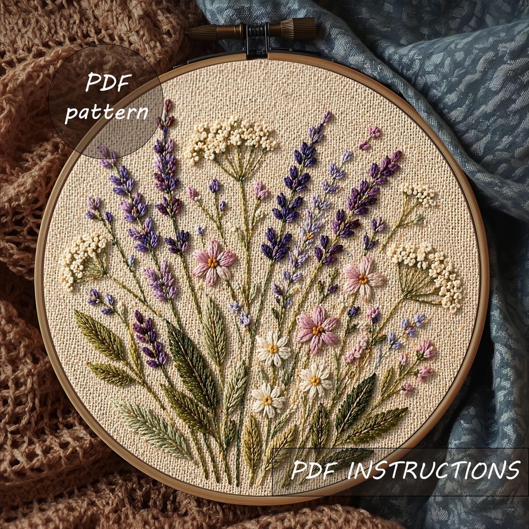 Lavender Embroidery Pattern, Wildflower Bouquet Design, Botanical ...