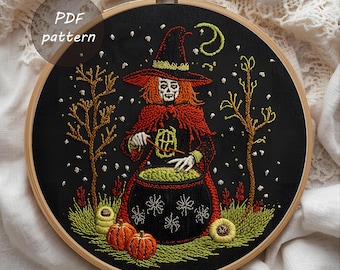Witch Cauldron Embroidery Pattern: Spooky Halloween Hoop Art (PDF Download)