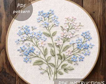Patrón de bordado floral Nomeolvides, arte botánico de flores silvestres azules en bastidor (patrón en PDF)