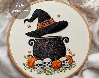 Schema di ricamo del calderone della strega in PDF / Arte spettrale di Halloween con telaio / Ricamo a mano mistico da scaricare in formato digitale