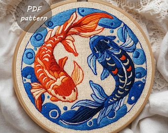 Koi Fish Yin Yang Embroidery Pattern: Oriental Hoop Art (PDF Download)