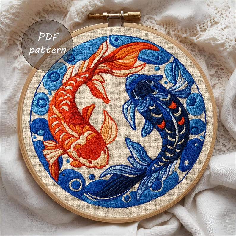 Koi Fish Yin Yang Embroidery Pattern: Oriental Hoop Art (PDF Download ...