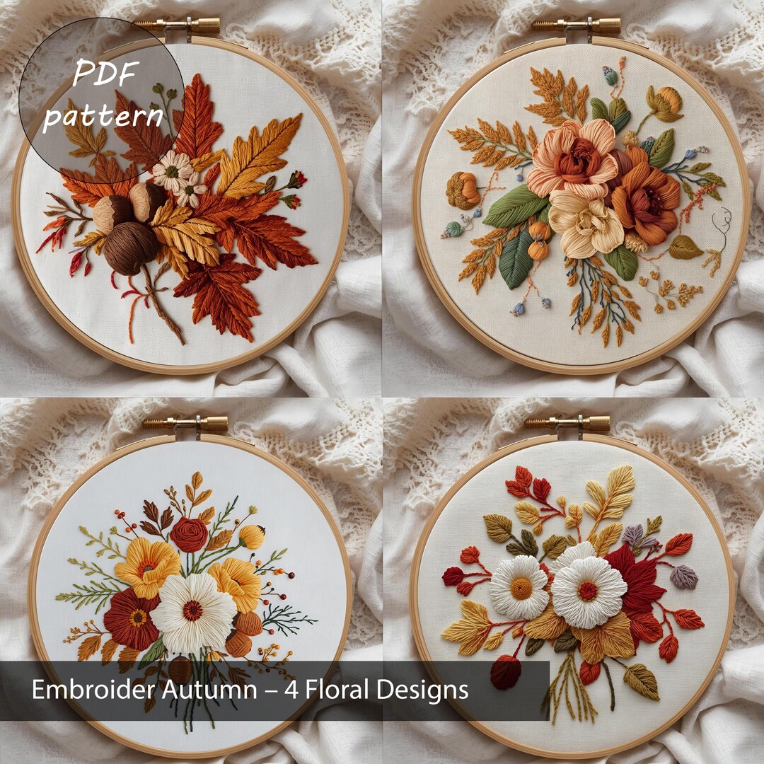 Autumn Flowers Embroidery Pattern Bundle | 4 Fall Floral Hoop Designs ...
