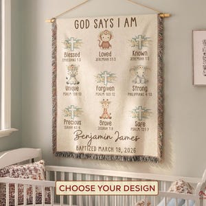 Personalized God Says I Am Nursery Blanket, Jungle Safari Baptism Gift, Custom Name Scripture Throw for Crib, Religious Heirloom Decor